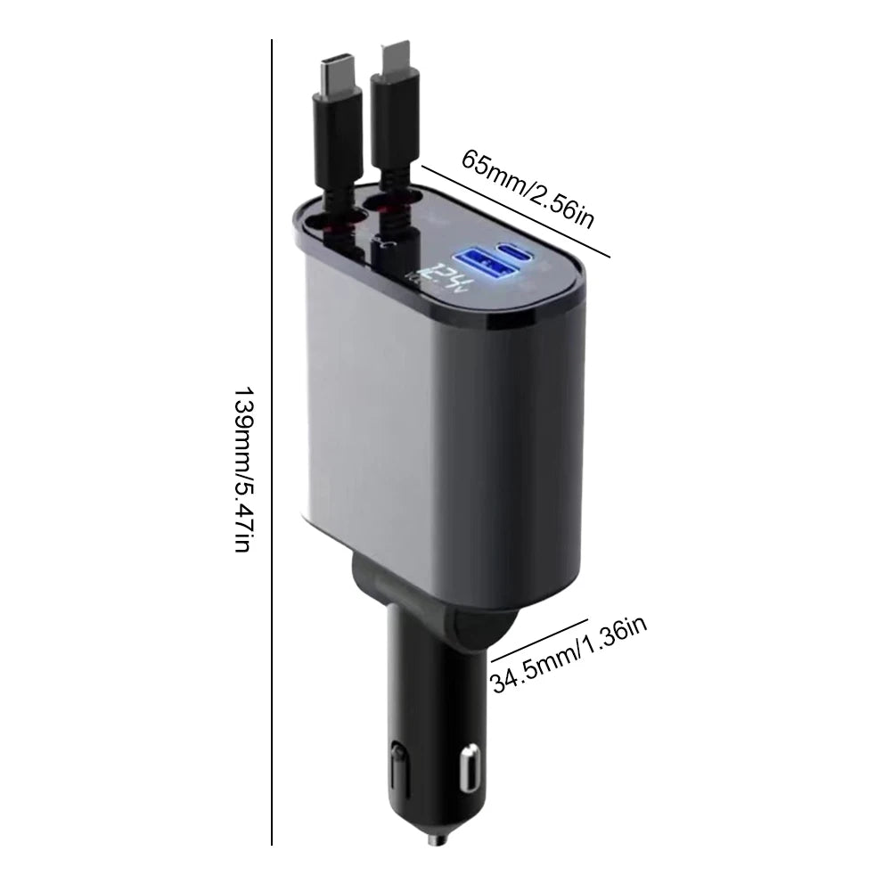 18/60/140W 4 IN 1 Retractable Car Charger USB Type C Cable For IPhone Samsung QC3.0 Fast Charge Cord Cigarette Lighter Adapter