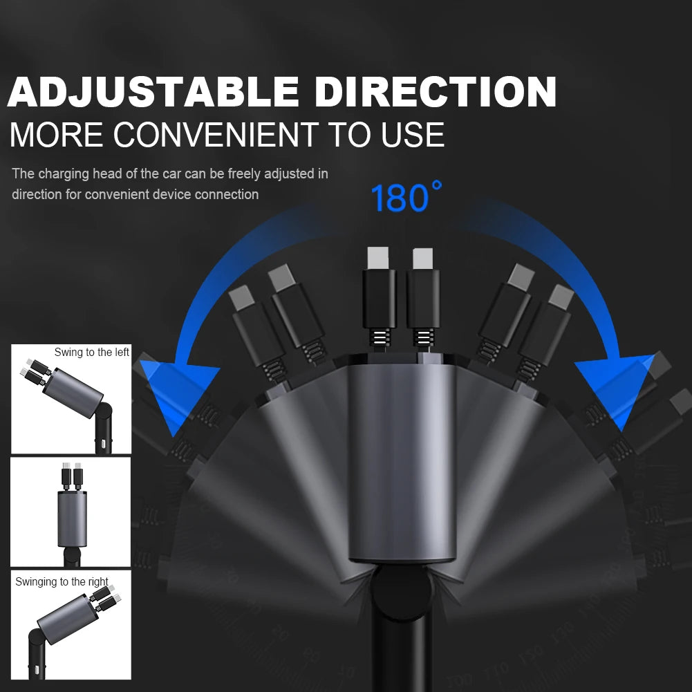 18/60/140W 4 IN 1 Retractable Car Charger USB Type C Cable For IPhone Samsung QC3.0 Fast Charge Cord Cigarette Lighter Adapter