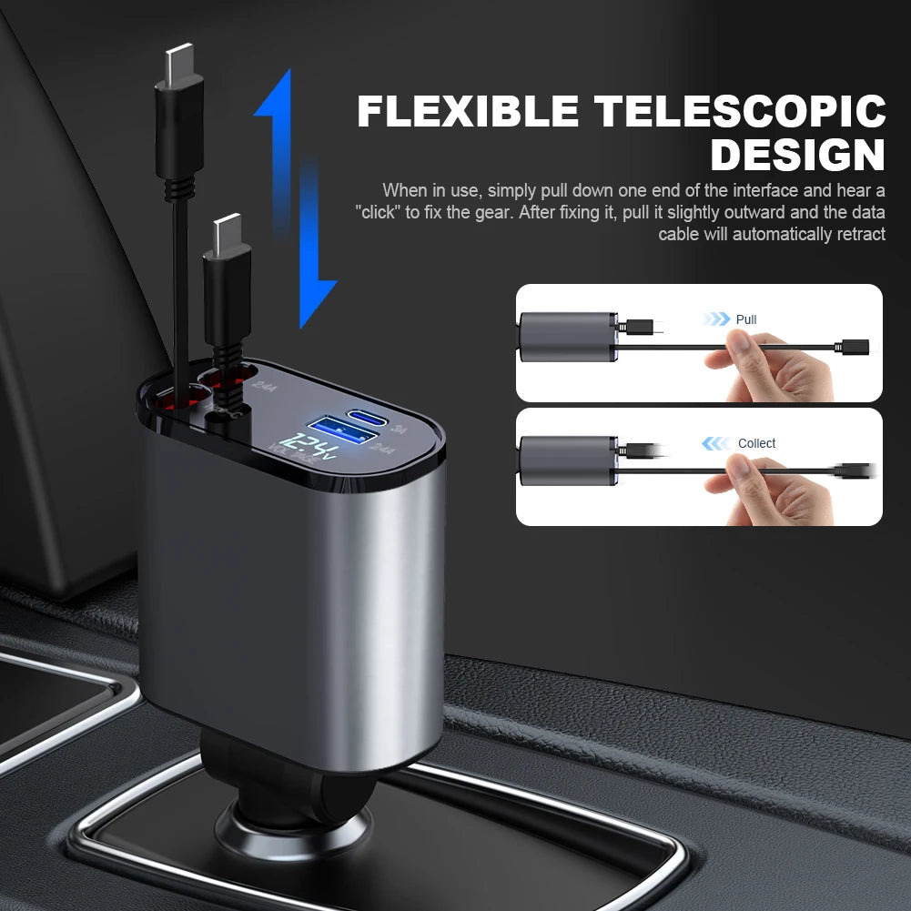 18/60/140W 4 IN 1 Retractable Car Charger USB Type C Cable For IPhone Samsung QC3.0 Fast Charge Cord Cigarette Lighter Adapter
