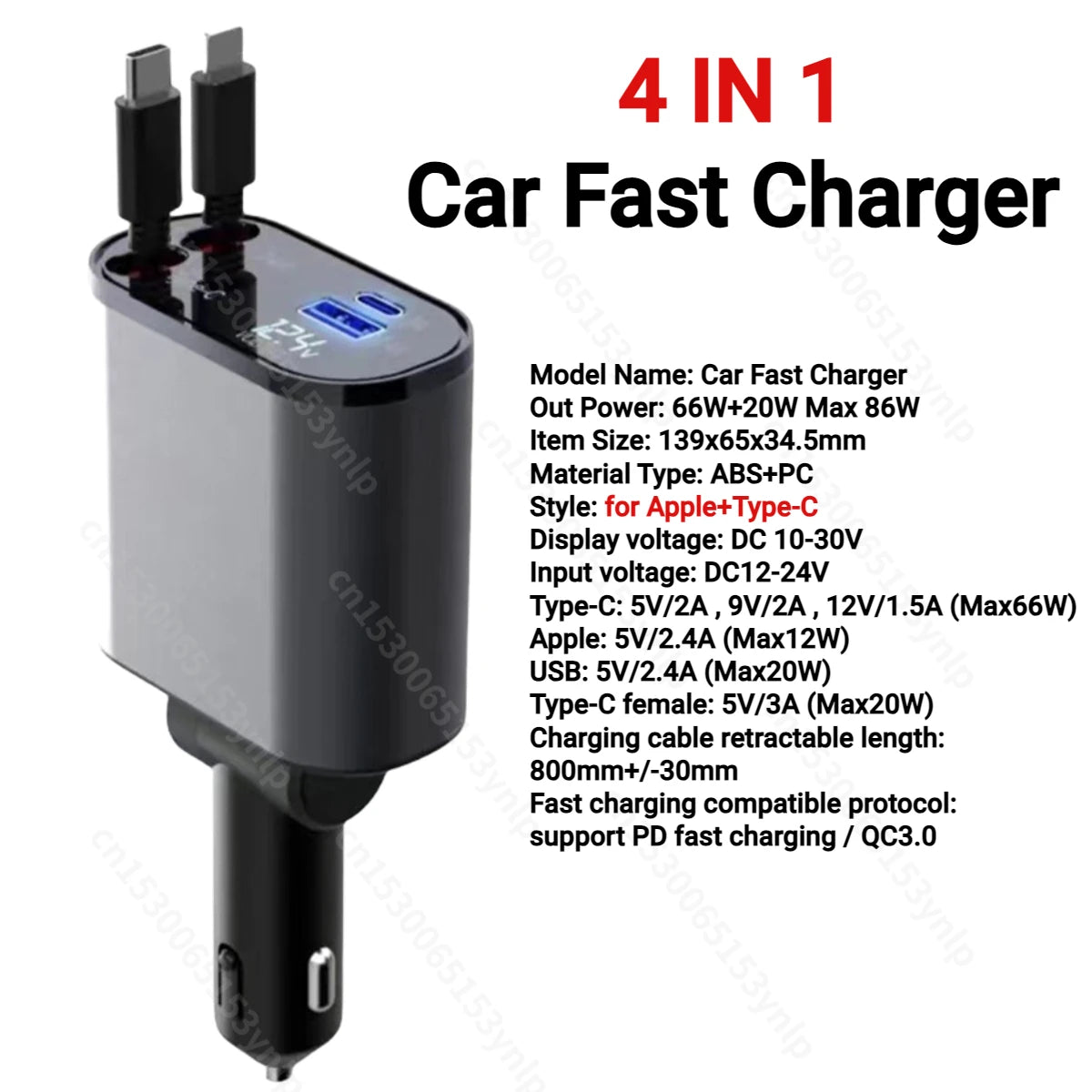 18/60/140W 4 IN 1 Retractable Car Charger USB Type C Cable For IPhone Samsung QC3.0 Fast Charge Cord Cigarette Lighter Adapter