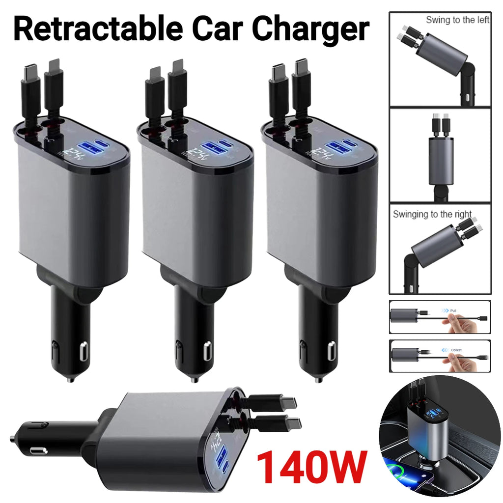 18/60/140W 4 IN 1 Retractable Car Charger USB Type C Cable For IPhone Samsung QC3.0 Fast Charge Cord Cigarette Lighter Adapter